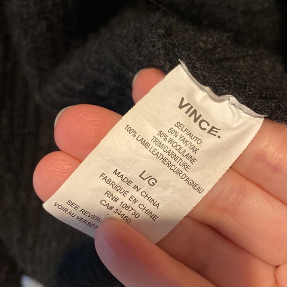 VINCE Black Leather Trim Yak Wool Quiet Luxury Open Front Cardigan Sweater - Picture 4 of 7